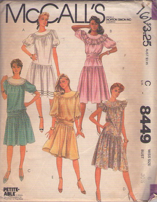 McCall's 8449 Vintage 80's Sewing Pattern New Wave Dress Set, Nautical & Victorian Vibes Drop Waist Party Dresses 5 Styles Size 6
