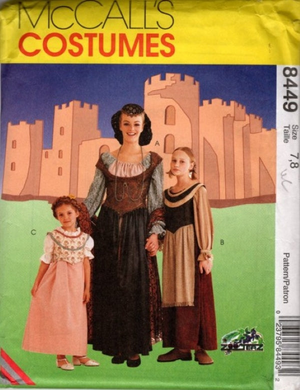 McCall's 8449 Retro 90's Sewing Pattern Girls' Medieval Wench Costume, Dress, Snood, Shawl By Zooterz Size 7-8