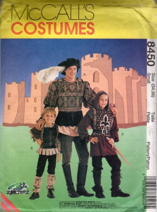 McCall's 8450 Retro 90's Sewing Pattern Men & Boys' Medieval Costume, Tabard Tunic Top, Leggings, Accessories Size Adult S