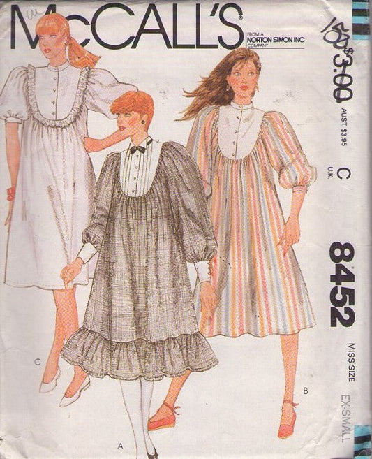 McCall's 8452 Vintage 80's Sewing Pattern Modest Dress, Cottagecore Flared Dress, Inset Buttoned Dickey Yoke, Flounce or Plain Hem, 3 Styles Size XS