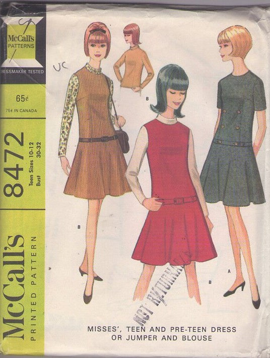 McCall's 8472 Vintage 60's Sewing Pattern Mod Scooter Dress Set, Drop Waist Scooter Skirt Style Jumper, Dress, Turtle Neck Collar Blouse Size 10-12