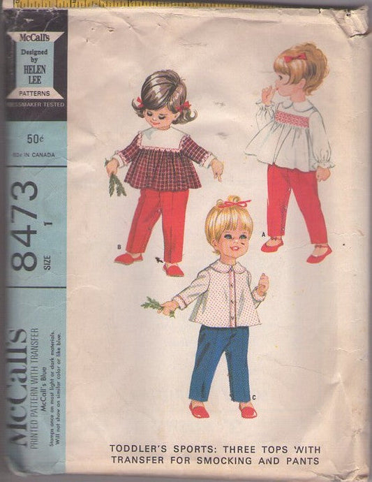 McCall's 8473 Vintage 60's Sewing Pattern Toddler Separates, Flared Smock Top, Smocked Blouse, Snap Crotch Pants, Transfer for Smocking Size 1