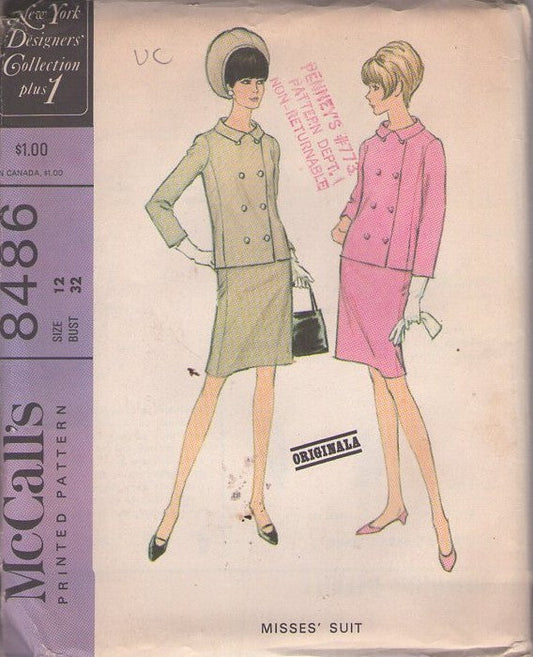 McCall's 8486 Vintage 60's Sewing Pattern Mod Designer Suit, Originala, Jackie O 2 Piece Suit Dress, Double Breasted Jacket Top, Slim Sheath Skirt Size 12
