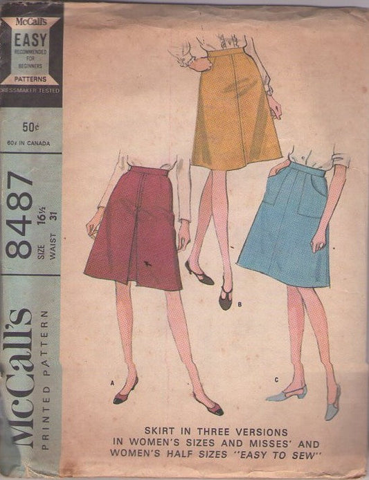 McCall's 8487 Vintage 60's Sewing Pattern Mod Skirts, Mad Men Secretary Skirt Set, Easy to Sew Size 16.5