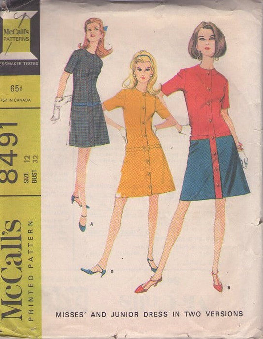 McCall's 8491 Vintage 60's Sewing Pattern Mod Dress, Fit & Flared, Drop Waist, A-Line Skirted Secretary Dress, Contrast or 1 Fabric, Button Band Front 3 Styles Size 12