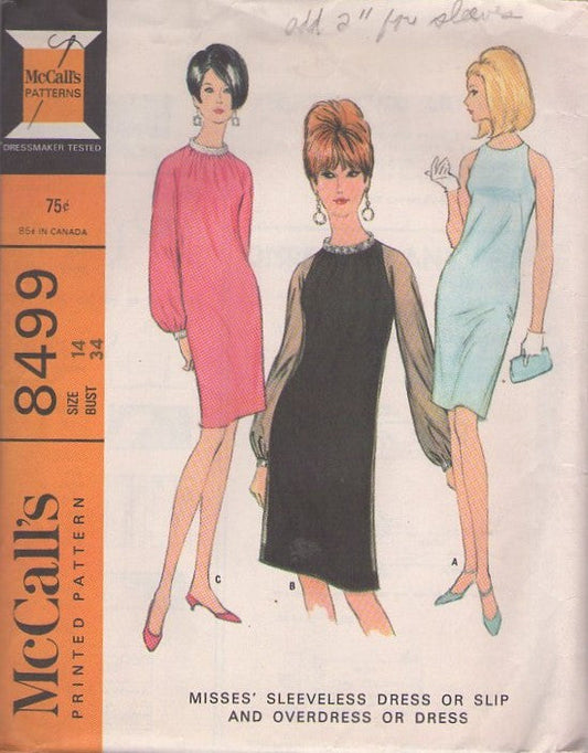 McCall's 8499 Vintage 60's Sewing Pattern Mod Cocktail Dresses, Jewel Neck Cutaway Arm Sheath Cocktail Party Dress, Sheer Sleeves 3 Styles Size 14
