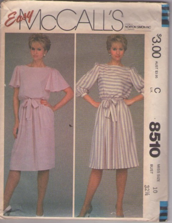 McCall's 8510 Vintage 80's Sewing Pattern Secretary Dress, Easy Pullover Styles, Disco Dancy Party Styles Size 10