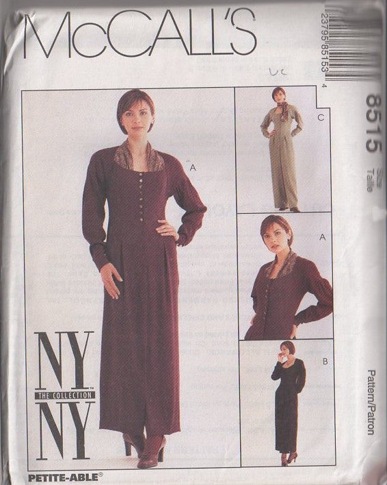 McCall's 8515 Retro 90's Sewing Pattern Party Jumpsuit, Dress, Designer NY The Collection Flared Leg Scoop Basque Waist Jumpsuit, Midi Dress Size 10