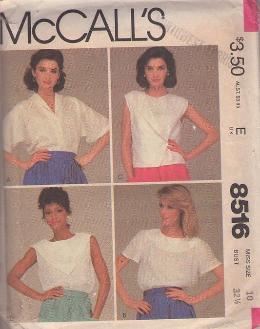 McCall's 8516 Vintage 80's Sewing Pattern Secretary Blouse Set, Wing Collar, Platter or Flap Front, 4 Styles Size 10