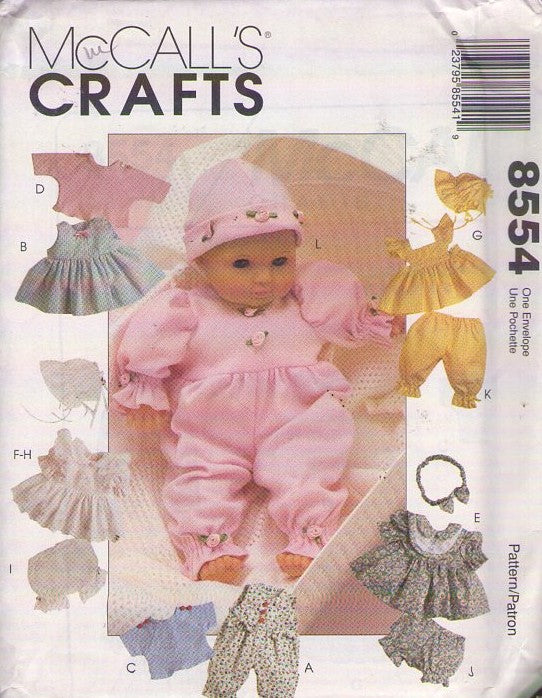 McCall's 8554 Retro 90's Sewing Pattern Doll Crafts, Baby Doll Wardrobe, Dress, Romper, Pantaloons, Hat, Headband More One Size