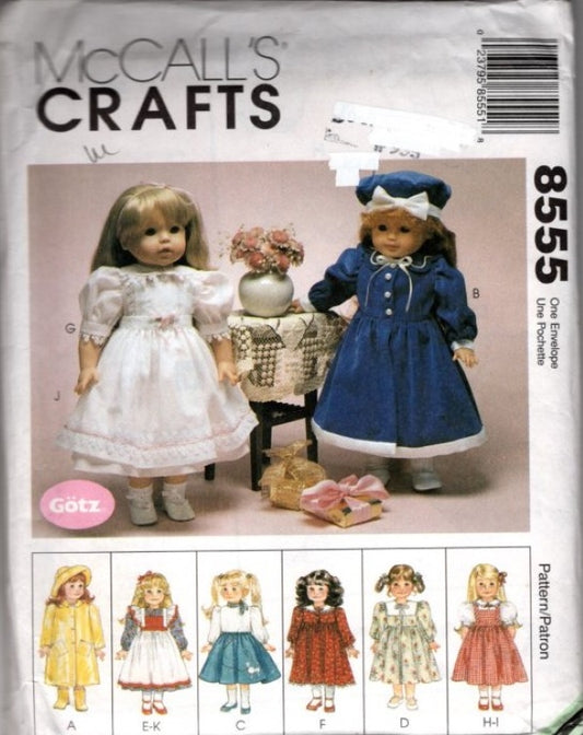 McCall's 8555 Vintage 90's Sewing Pattern Gotz Doll Clothing Wardrobe, 18" American Doll Victorian Dress, Coat, Aprons, Pinafore and MORE
