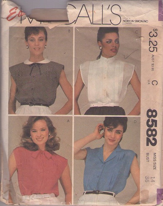 McCall's 8582 Vintage 80's Sewing Pattern Easy New Wave Tops, Brat Pack Secretary Front Buttoned Sleeveless Blouse, Shirt Set 4 Styles Size 14