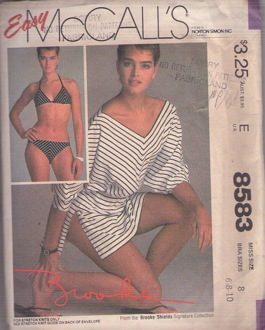 McCall's 8583 Vintage 80's Sewing Pattern Easy Bikini, Brooke Shields Bathing Suit, Top, Bottoms, Batwing Cover Up Size 6-10