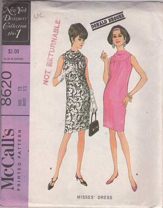 McCall's 8620 Vintage 60's Sewing Pattern Mod Dress, New York Designers' Collection Plus, Donald Brooks Sassy Cowl Neck Sheath Mod Cocktail Party Dress Size 12
