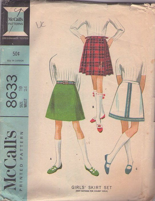 McCall's 8633 Vintage 60's Sewing Pattern Girls' Skirt Set, Celtic Pleated Kilt with Jumbo Safety Pin, Front Wrap or A-line Size 10