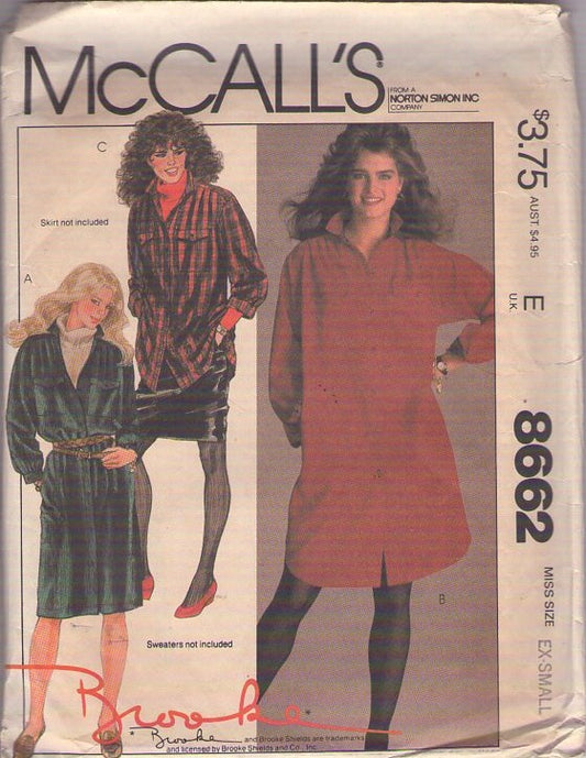 McCall's 8662 Vintage 80's Sewing Pattern Shirtdress, Oversized Shirt or Dress, Brooke Shields, Brat Pack, Size XS