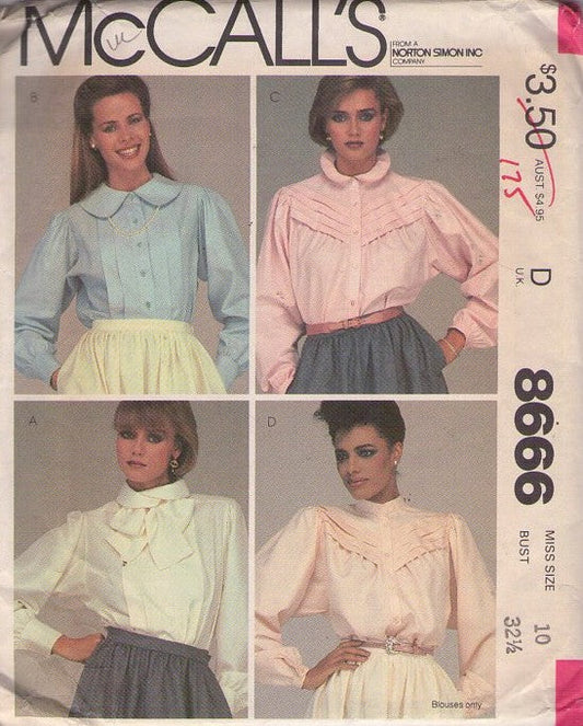 McCall's 8666 Vintage 80's Sewing Pattern Career Blouses, New Romantic, Victorian Revival Blouse, Secretary Shirt Set, Pin Tucks, 4 Styles Size 10