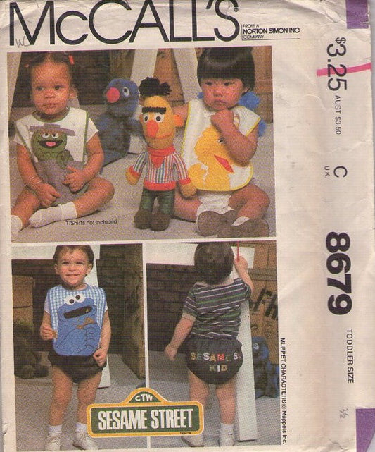 McCall's 8679 Vintage 80's Sewing Pattern Kid Crafts, Official CTW Sesame Street, Bibs & Panty, Blue Transfer Cookie Monster, Big Bird, Oscar Appliques, Sesame St Kids Size 1/2