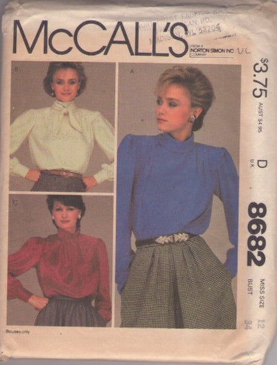 McCall's 8682 Vintage 80's Sewing Pattern Secretary Blouses, Shiny Modest Tie Collar, Pleats Long Sleeve Blouse Set 3 Styles Size 12