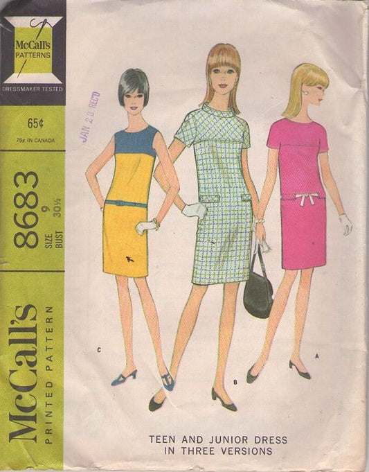 McCall's 8683 Vintage 60's Sewing Pattern Mod Dress, Twiggy, Mondrian Looks, Colorblock, Yoked Slim Fit Sheath Secretary Dress 3 Styles Size 9
