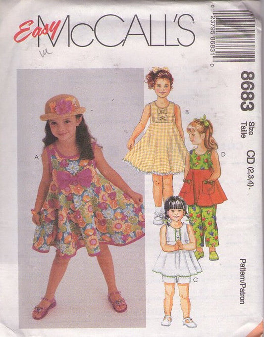 McCall's 8683 Retro 90's Sewing Pattern Girls' Separates, Easy Summer Sundress, Sun Dress or Skirted Modest Blouse, Shorts, Pants Size 2-4