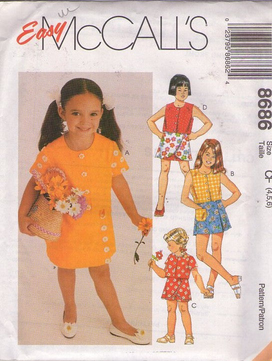 McCall's 8686 Retro 90's Sewing Pattern Girls' Separates, Easy to Sew Summer Blouse, Flap Front Skorts, Shorts, Size 4-6
