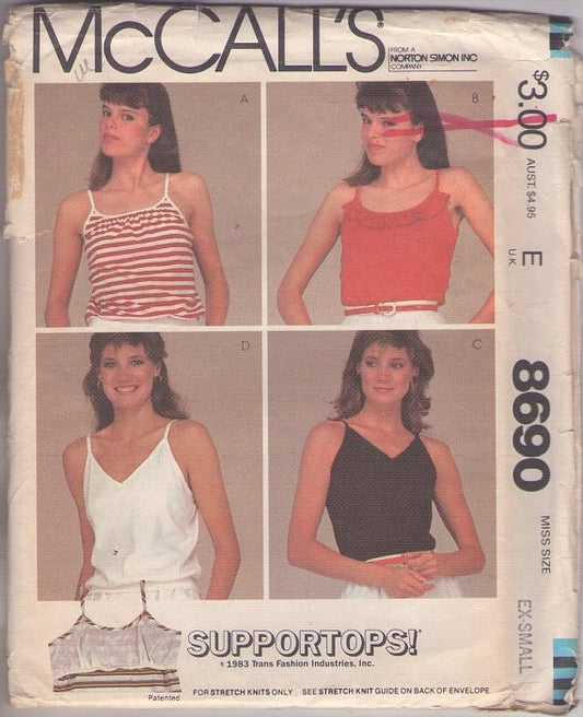 McCall's 8690 Vintage 80's Sewing Pattern Bra Top Tank Tops Set, Supportops, Summer, Gym, 4 Styles Size XS