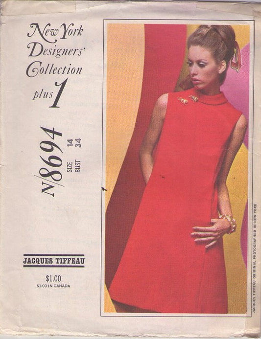 McCall's 8694 Vintage 60's Sewing Pattern Mod Designer Dress, New York Designers Collection Jacques Tiffeau Mod Twiggy Dress, Fit & Flared, Roll Collar, Hidden Front Pockets Size 14