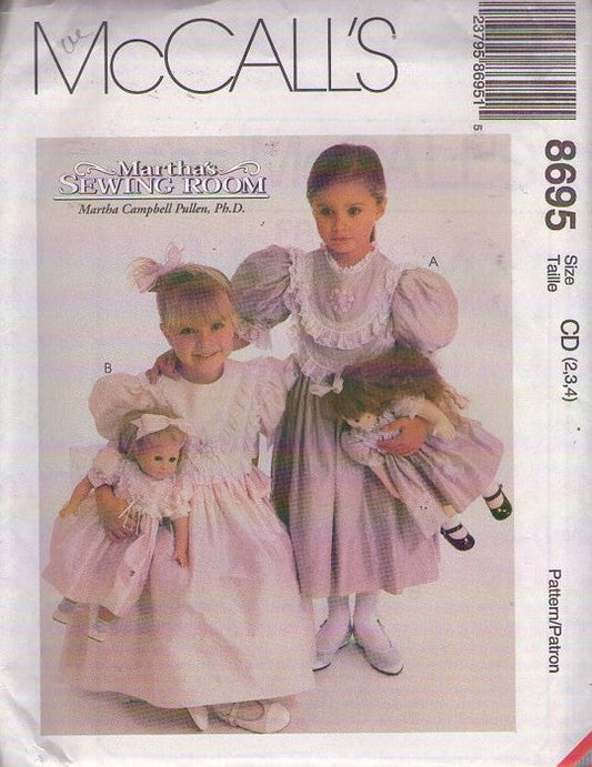 McCall's 8695 Retro 90's Sewing Pattern Girls' Fancy Dress, Martha's Sewing Room, Victorian Style, Old Fashioned Fancy Party Dress Set, Matching 18 Doll Dresses Size 2-4"