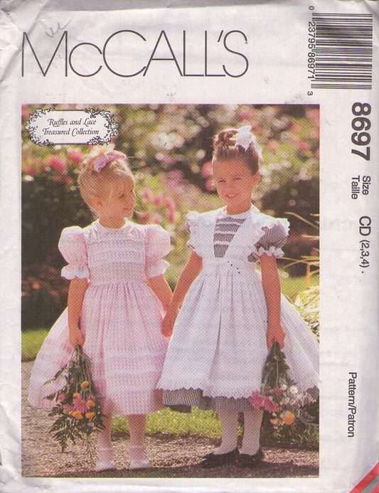McCall's 8697 Vintage 90's Sewing Pattern Girl's Modest Dress, Ruffles & Lace Treasured Collection, Cottagecore, Party, Pinafore Apron Size 2-4