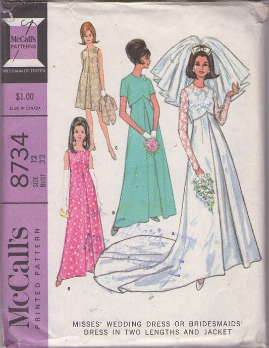 McCall's 8734 Vintage 60's Sewing Pattern Mod Wedding Dress, Jacket Top, Inverted Front Pleat, Train Formal Dress, Cocktail Party, 3 Styles Size 12