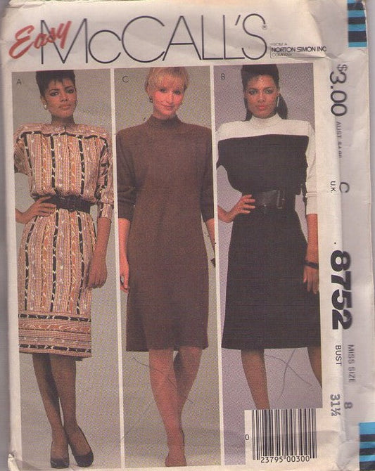 McCall's 8752 Vintage 80's Sewing Pattern Secretary Dress, Contrast High Yoke, Straight Fit 3 Styles Size 8