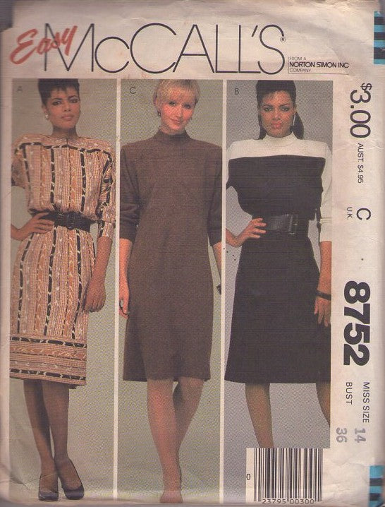 McCall's 8752 Vintage 80's Sewing Pattern Secretary Dress, Contrast High Yoke, Straight Fit 3 Styles Size 14