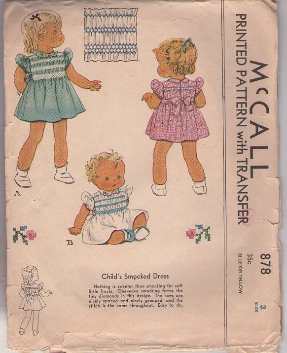 McCall's 878 Vintage 40's Sewing Pattern Girls' Dress Set, Smocking, Puff Sleeve, Tie Back Dress, Embroidery Transfer Size 2