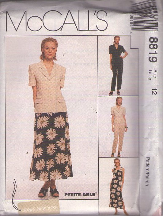 McCall's 8819 Retro 90's Sewing Pattern Designer Separates, Jones New York, Secretary Side Slits Sun Dress, Lined Blazer Jacket Top, Pants, Skirt Size 12