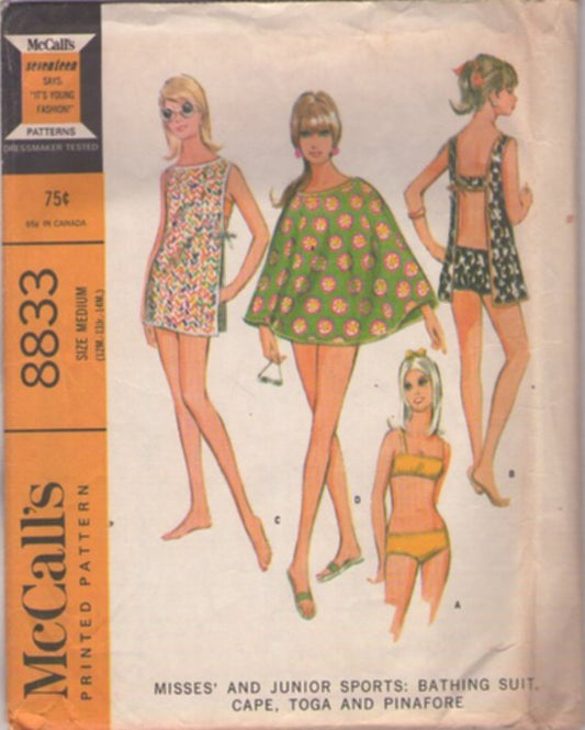 McCall's 8833 Vintage 60's Sewing Pattern Mod Swimsuit Set, Bikini Bathing Suit Top, Shorts, Cape, Toga, Pinafore Cover Up Dress Size M