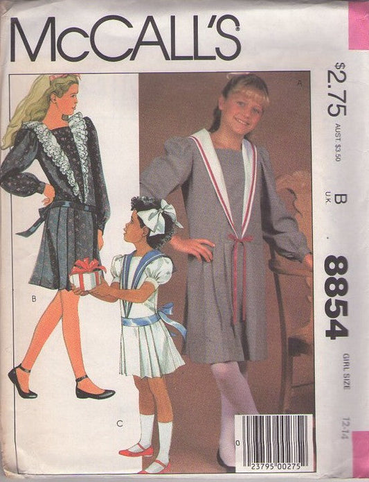 McCall's 8854 Vintage 80's Sewing Pattern Girls' Dress Set, Pollyanna, 20s Look, Drop Waist, Nautical, Cottagecore, Sailor Collar Party Dress, 3 Styles Size 12-14