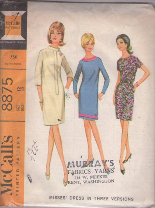 McCall's 8875 Vintage 60's Sewing Pattern Mod Dress Set, Twiggy Looks, Slim Fit Secretary Day Dress, 3 Styles, Collar or Band Trim Size 12