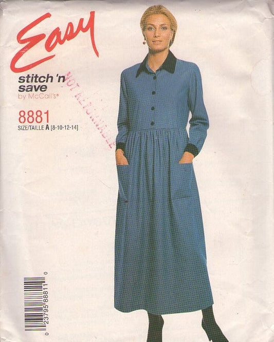 McCall's 8881 Retro 90's Sewing Pattern Teacher Dress, Stitch N Save, Modest Cottagecore, Collared Shirtwaist Buttoned Denim Jumper Dress Size 8-10