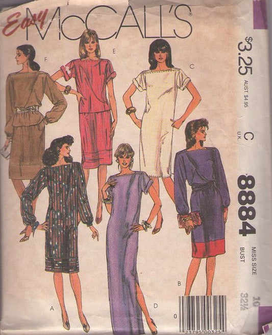 McCall's 8884 Vintage 80's Sewing Pattern Easy Dress Separates, Square Neck Career Blouse, Shift Dress, Secretary Dress, Evening Maxi Gown MINIMALIST Size 10