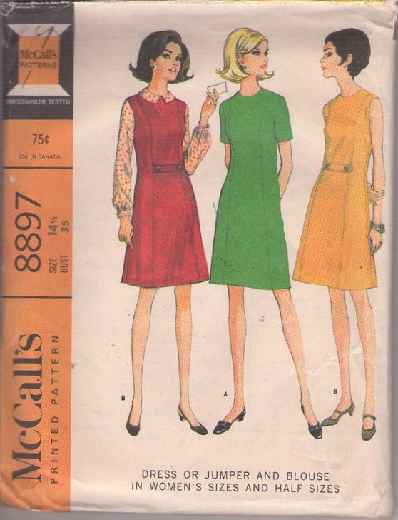 McCall's 8897 Vintage 60's Sewing Pattern Mod Dress Set, Princess Seams, Fit & Flared Secretary Dress, Jumper, Blouse Size 14.5