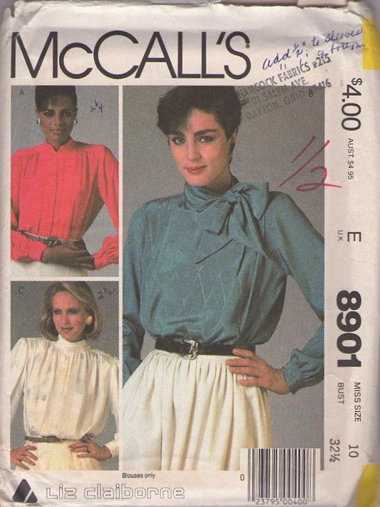 McCall's 8901 Vintage 80's Sewing Pattern Career Blouses, Liz Claiborne Dynasty Style Tie Collar Office Suit Blouse Set Size 10