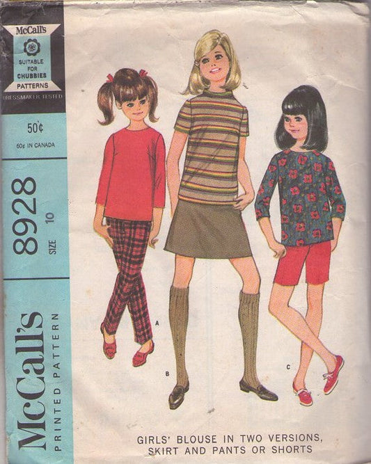 McCall's 8928 Vintage 60's Sewing Pattern Girls' Mod Separates, School Blouse, Skirt, Long Shorts, Tapered Pants Size 10
