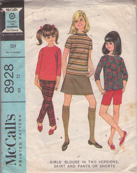 McCall's 8928 Vintage 60's Sewing Pattern Girls' Mod Separates, School Blouse, Skirt, Long Shorts, Tapered Pants Size 12