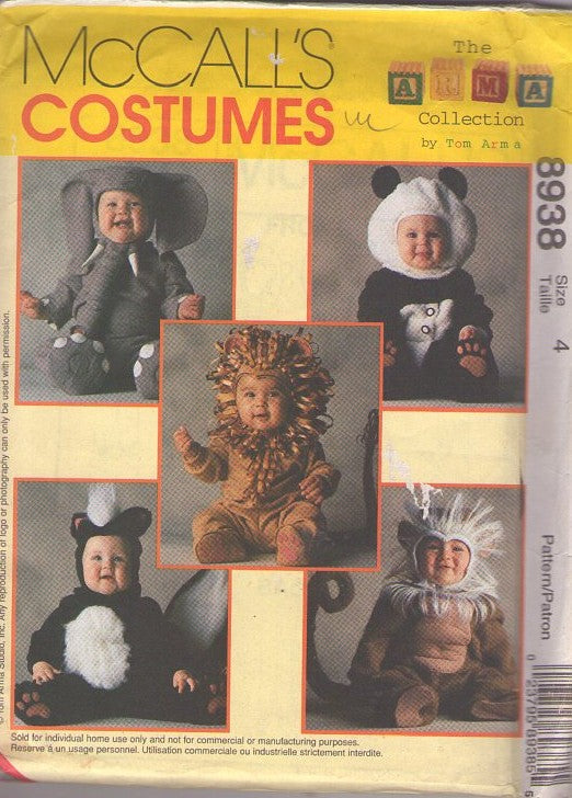 McCall's 8938 Retro 90's Sewing Pattern Animal Costumes, Designer Tom Arma Collection Toddler Baby Halloween Costumes, Dumbo Elephant, Panda Bear, Cowardly Lion, Stinker Skunk, Rafiki Baboon Monkey Size 4