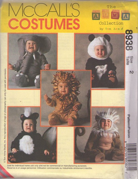 McCall's 8938 Retro 90's Sewing Pattern Animal Costumes, Designer Tom Arma Collection, Dumbo Elephant, Panda Bear, Cowardly Lion, Stinker Skunk, Rafiki Baboon Monkey Size 3