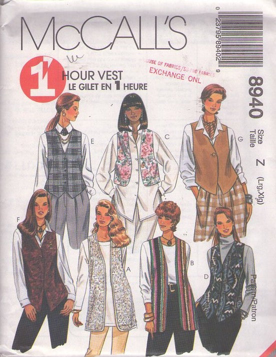McCall's 8940 Retro 90's Sewing Pattern Easy 1 Hour Vest, Bolero, Suit, Tunic, Maude Styles Size L-XL