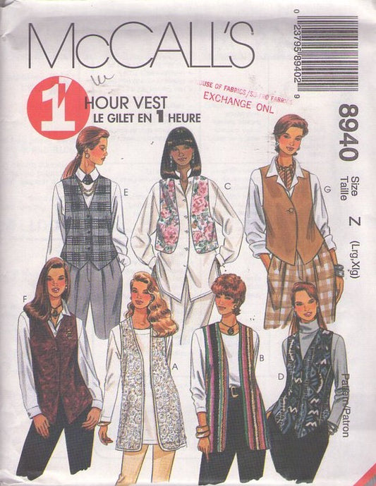 McCall's 8940 Retro 90's Sewing Pattern Easy 1 Hour Vest, Bolero, Suit, Tunic, Maude Styles Size L-XL