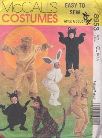 McCall's 8953 Retro 90's Sewing Pattern Animal Costumes, Furry Faux Fur Boys' & Girl's Halloween Costumes Wizard of Oz Cowardly Lion, Ralphie Easter Bunny Rabbit, Bear, Aussie Kangaroo with Pouch, Kitty Cat Jaguar Panther Size 6-8