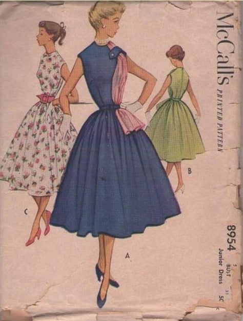 McCall's 8954 Vintage 50's Sewing Pattern Rockabilly Dress, Lucy Full Circular Skirt Sleeveless Summer Day Party Dress, Tucked Scarf Detail Size 13